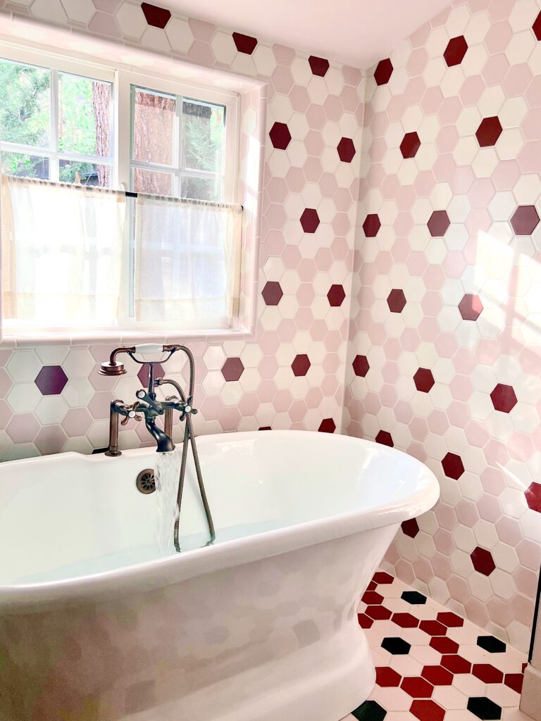 Hollyhock Cabin floral tile bathroom