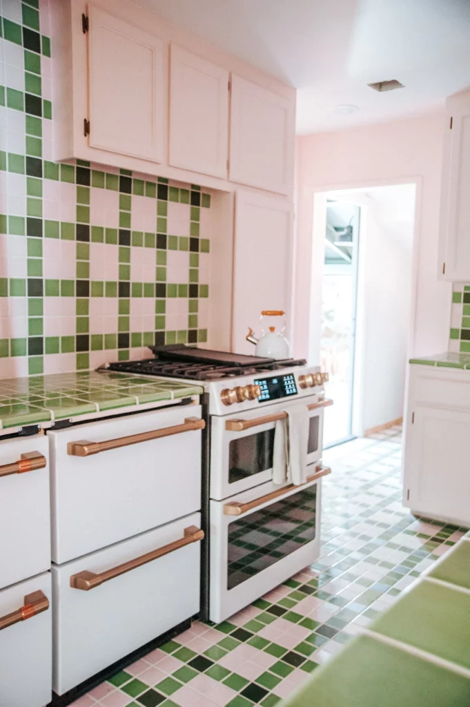 Hollyhock cabin green tile kitchen