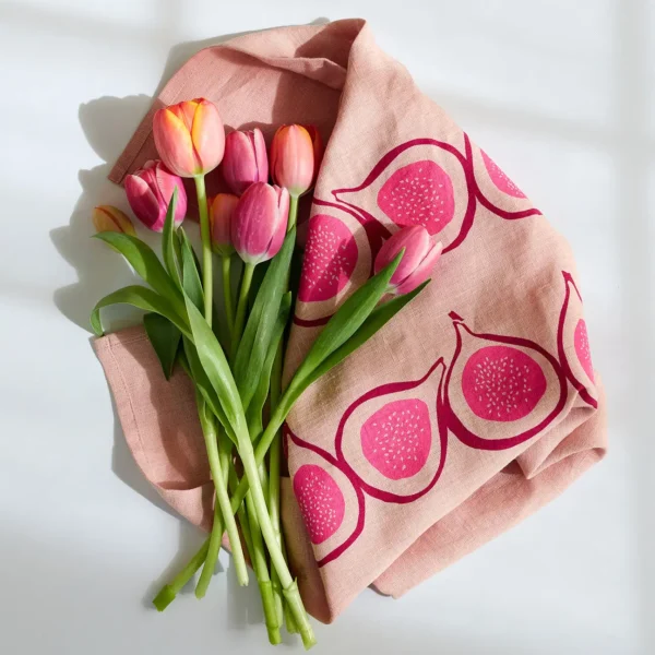 Linen tea towel set of 3 flowers and figs